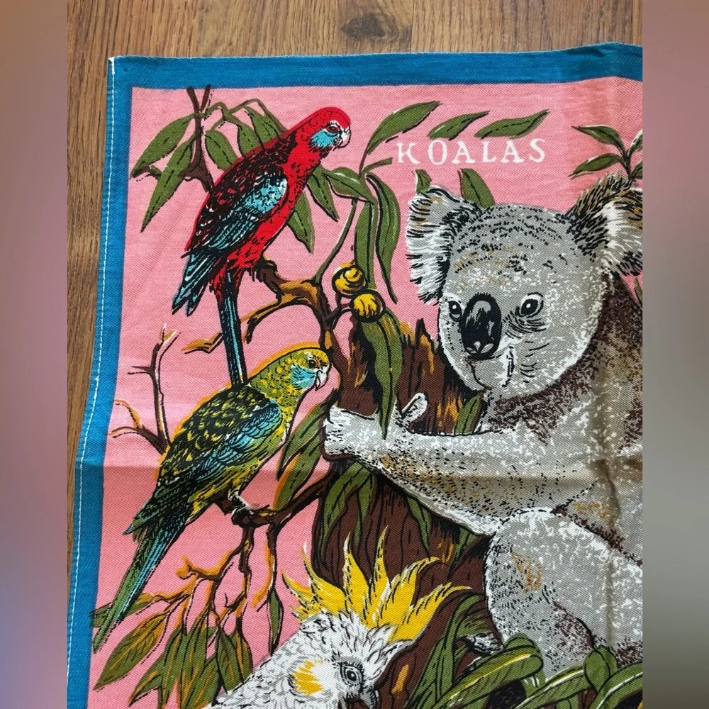 Vintage Pink Calendar Tea Towel 1980 Australia Cotton 28”x17.5” Koalas Birds